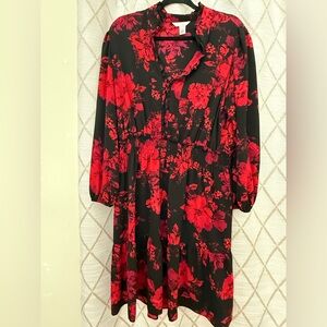 London Times Black and Red Floral Long Sleeve Dress